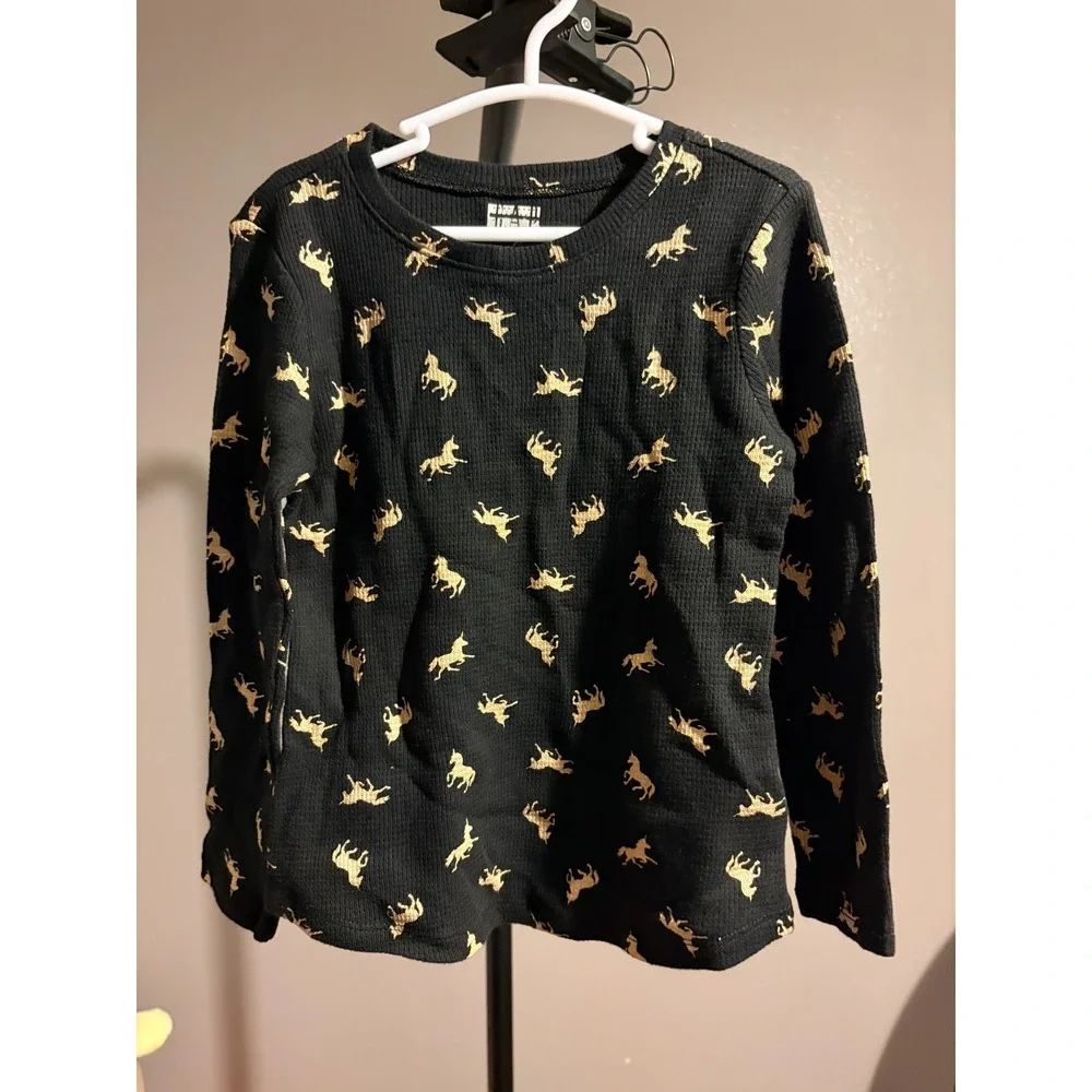 GAP Kids Black Long Sleeve Ribbed Shirt with Gold Unicorns Sz 3T